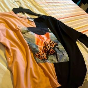 A lady’s 3 quarter length top. Picture of high hell pumps.